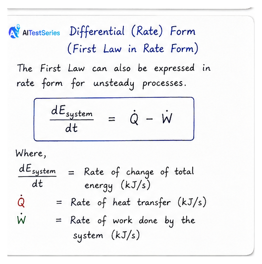 Differential (Rate) Form: dE_system/dt = Q̇ − Ẇ