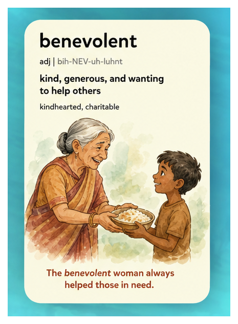 Benevolent — kind, generous, and wanting to help others