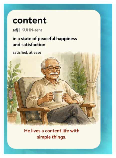 Content — in a state of peaceful happiness and satisfaction