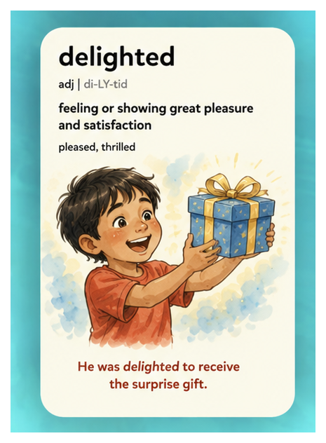Delighted — feeling or showing great pleasure and satisfaction