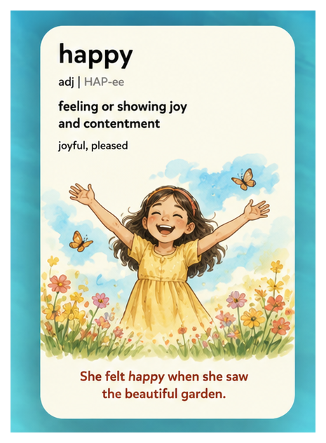 Happy — feeling or showing joy and contentment