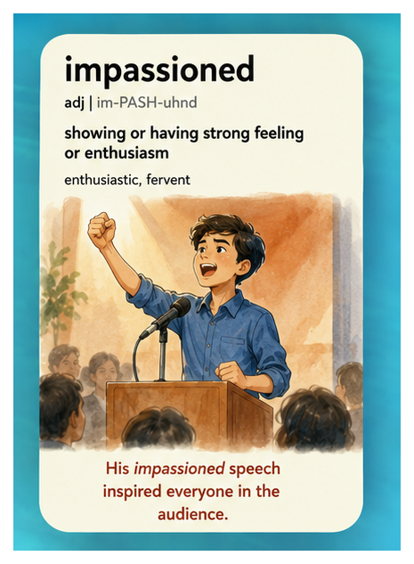Impassioned — showing or having strong feeling or enthusiasm