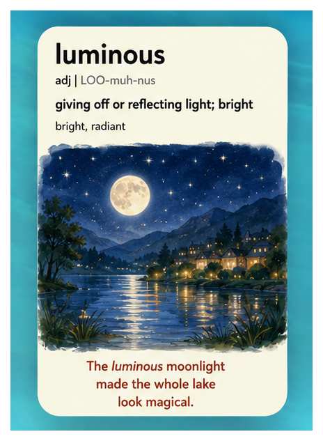 Luminous — giving off or reflecting light; bright