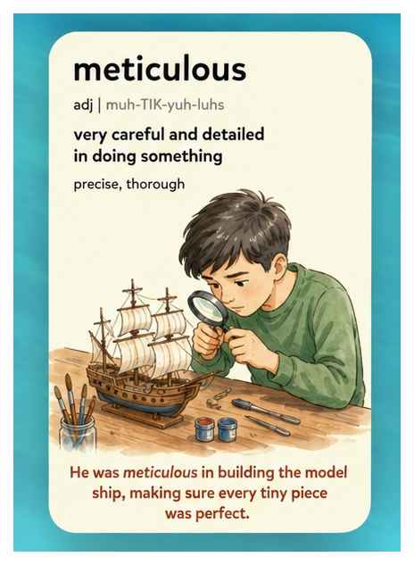 Meticulous — very careful and detailed in doing something