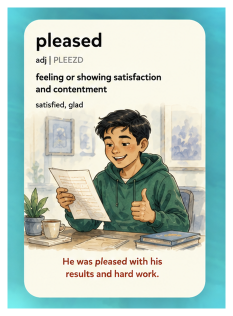 Pleased — feeling or showing satisfaction and contentment