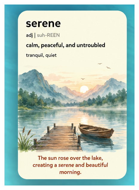 Serene — calm, peaceful, and untroubled