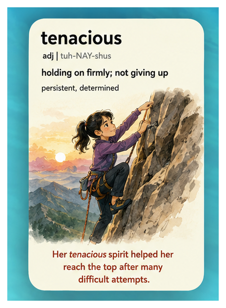 Tenacious — holding on firmly; not giving up