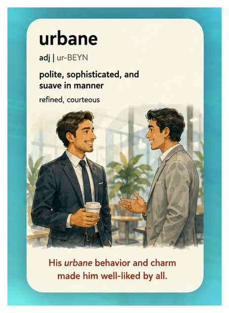 Urbane — polite, sophisticated, and suave in manner