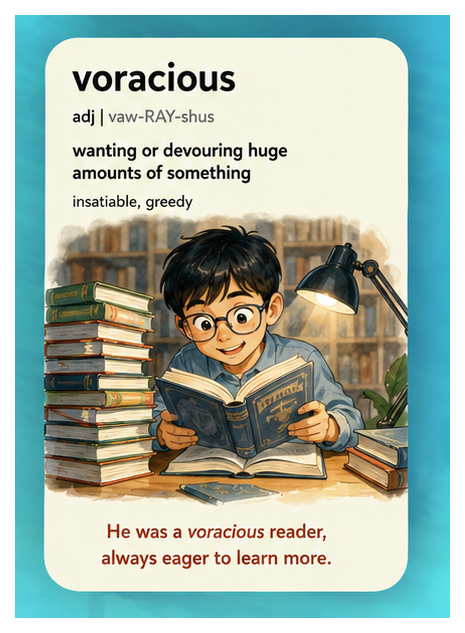 Voracious — wanting or devouring huge amounts of something
